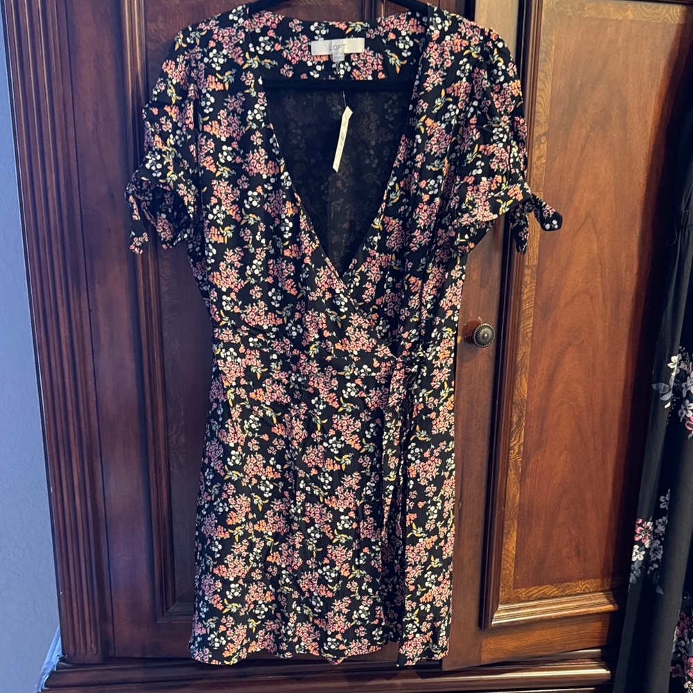LOFT Black and Pink Floral Mini Dress
